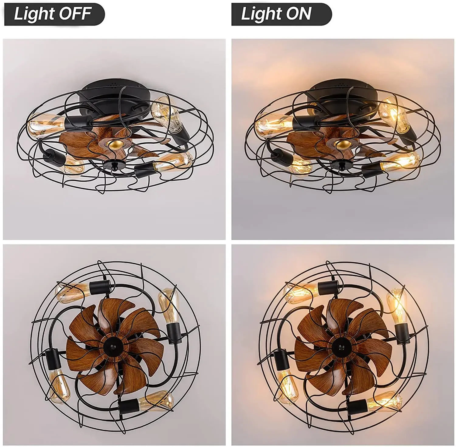 Retro bedroom ceiling fan with light remote control thin cage pendant light Living room wooden blade iron ceiling fan with