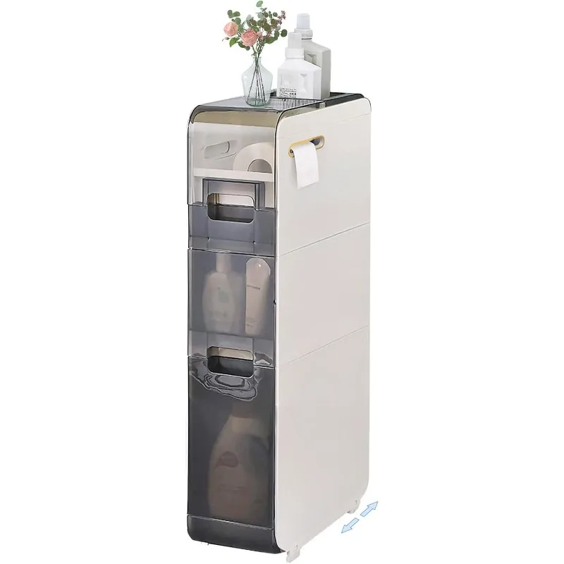 

Bathroom Organizers and Storage Floor Cabinet 6.69″ Narrow Slim Towel Side Corner Unit with Clear Drawers and Casters