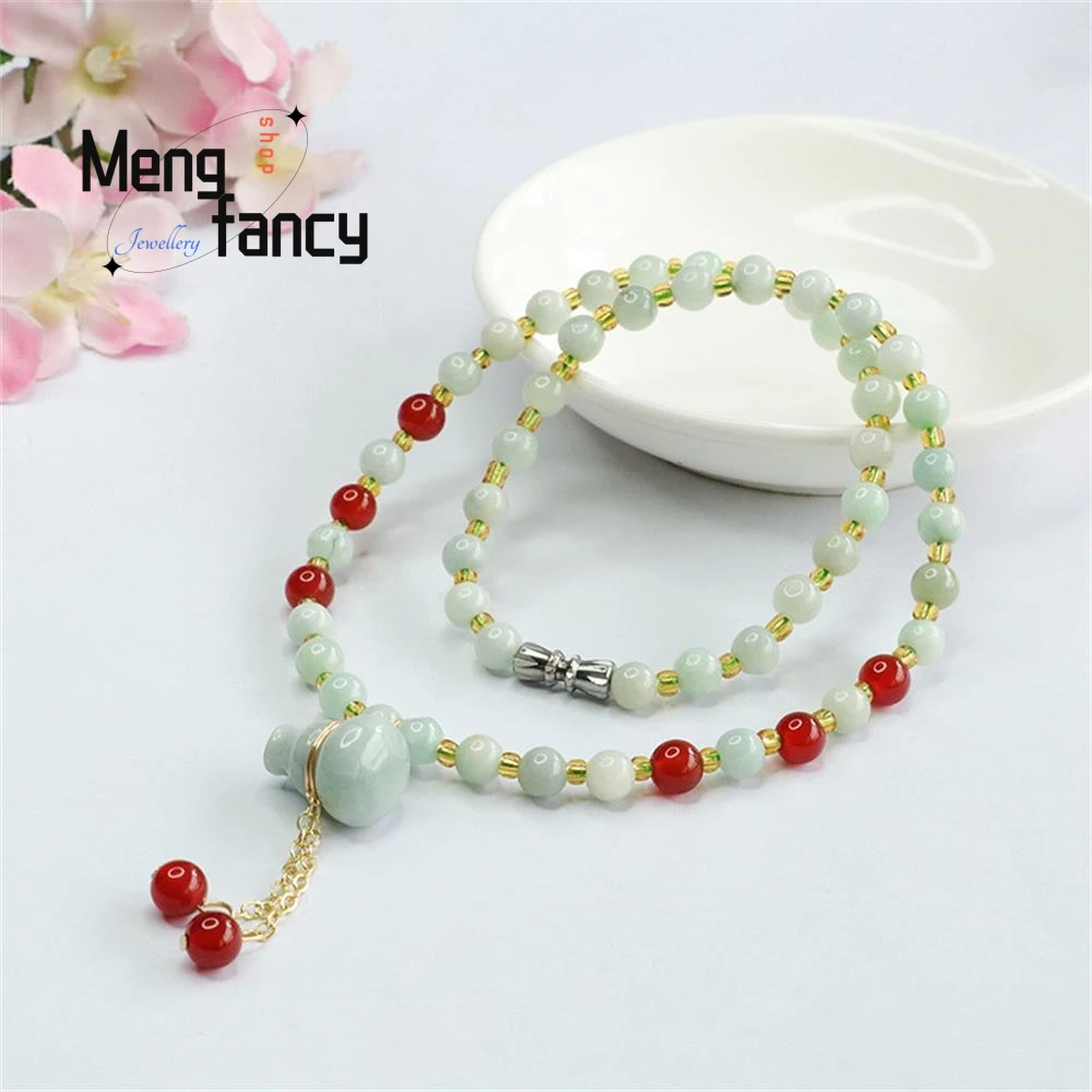 Natural Jadeite Exquisite Elegant Simple High-grade Necklace Jade Gourd Red Agate Bead Chain Luxury Quality Jewelry Holiday Gift