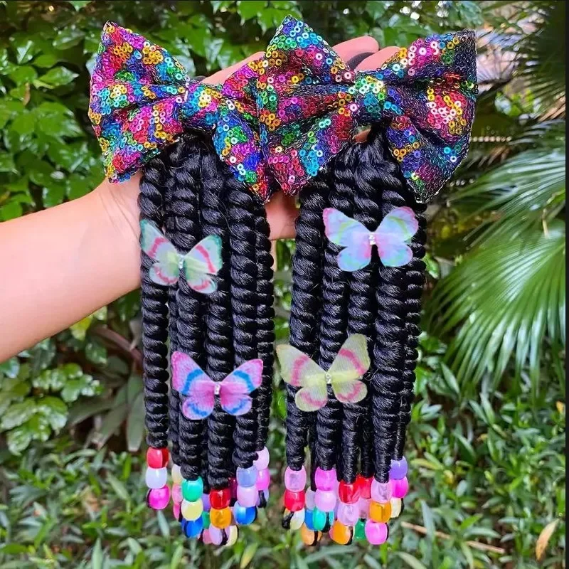 2pack Hair 8inch Kids Braided Ponytail with Beads and Bow  Customized Kids Braided Ponytail with Beds Beads and Butterfly 2