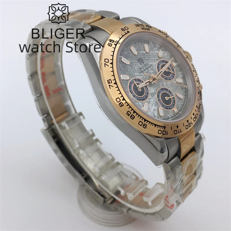 BLIGER 39mm Silver Rose Gold Luxury Watch For Men VK63 Movement Quartz Run Second Chronograph Sapphire Glass Luminous Index