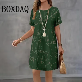Abiti da donna casual moda estiva Pittura di strada astratta Faccia stampata Abito a maniche corte T-shirt casual con scollo a O Abito ampio 1