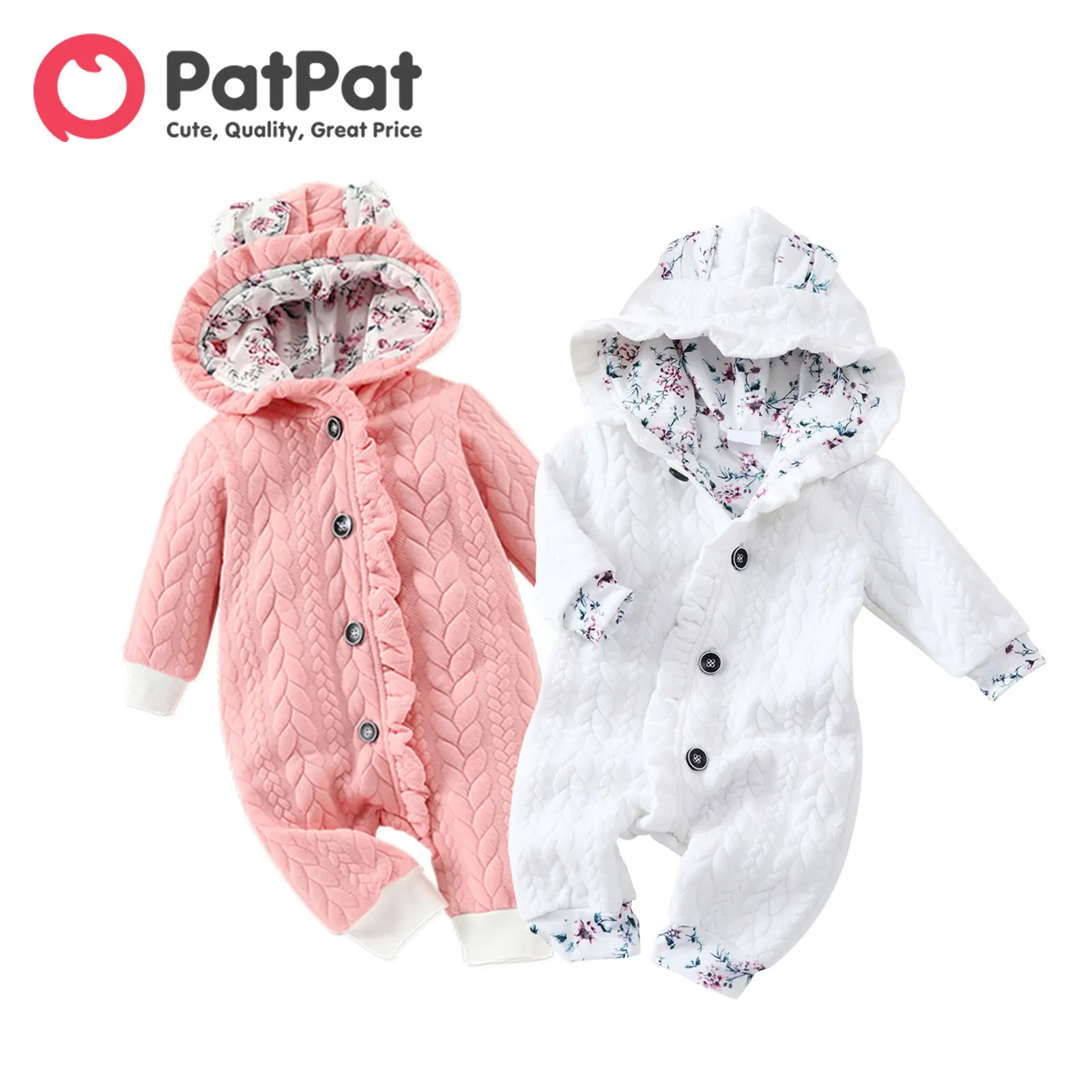 

PatPat Overalls Baby Girl Clothes Jumpsuit New Born Romper Newborn Bodysuit 3D Ears Hooded Ruffle Pink Thickened Long-sleeve