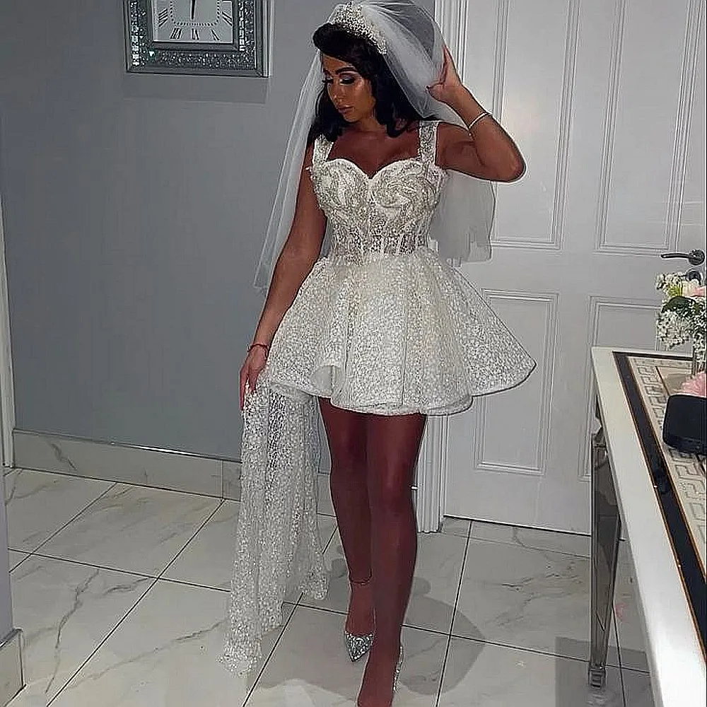 Lace Mini Cocktail Dresses Sweetheart Appliques Beads Girls Birthday Party Dress Side Train Formal Party Gowns