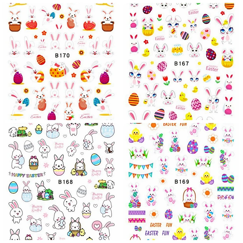 12 Sheets Easter Day Series Beautiful 3D Colorful Eggs Rabbits Adhesive Nail Art Stickers Decals Manicure Ornaments Accessories