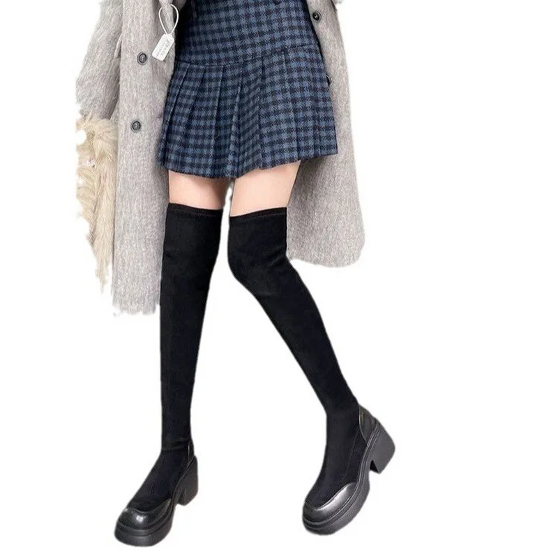 Chunky Heel Women & Girls Stretch Long Boots Fashion Female Antiskid Soft Leather Shoes Over-The-Knee Rising Boots Size 35-40