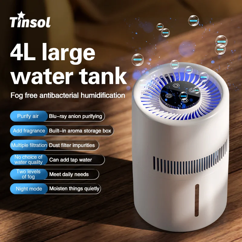 TINSOL 4L Mist-Free Humidifier Air Purifier HEPA Negative Ion Large Room Odor Removal Air Cleaner Bedroom Aroma Diffuser 1