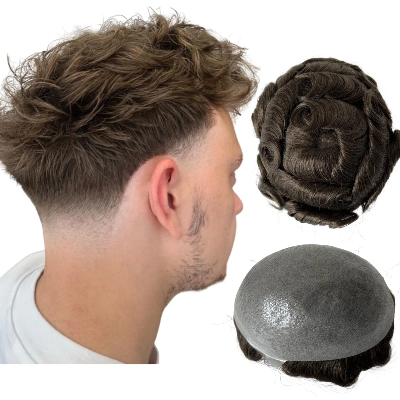 Indian Virgin Human Hair Systems #5 Light Brown Color V-loop PU Unit 8x10 Super Thin Skin Toupee for White Men