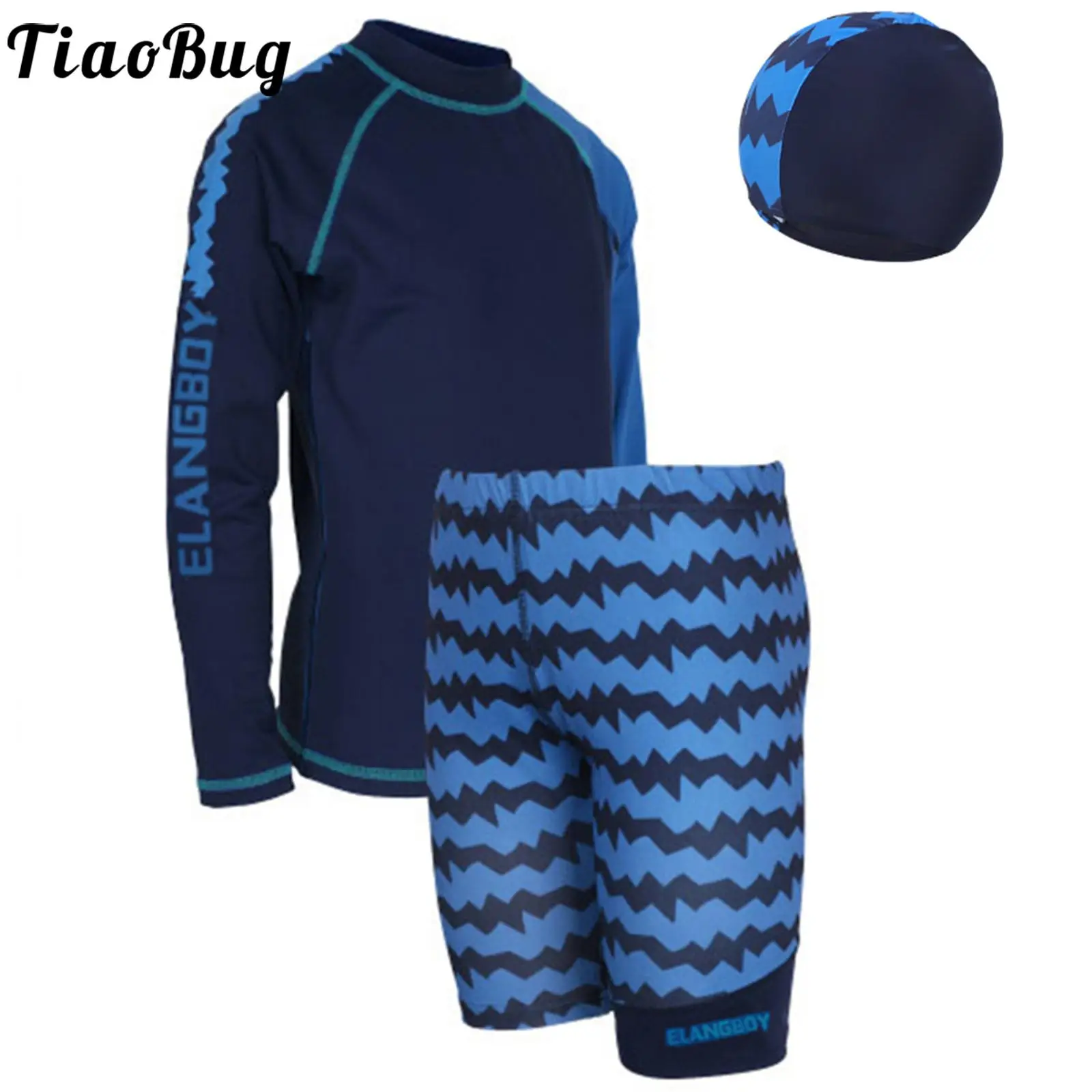 

Kids Boys 3 Piece Rash Guard Bathing Suit Long Sleeve Quick-Dry Swim Tops with Hat Elastic Waistband Trunks Swimsuit Kayaking