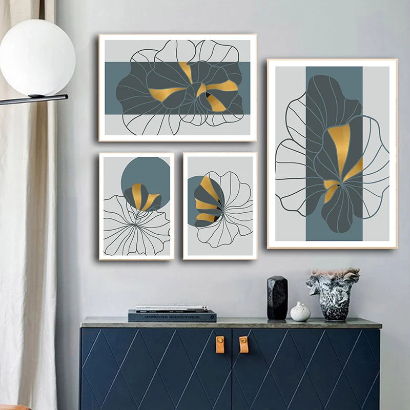 

Modern Geometric Curve Flower Leaf Abstract Canvas Painting New Chinese Pictures Prints For Living Room Wall Art Decor Posters