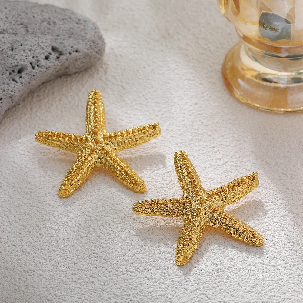 Bohemian Exaggerate Lava Textured Large Starfish Stud Earrings for Women Girls Summer Beach Star Statement Ear Buckle Jewellery