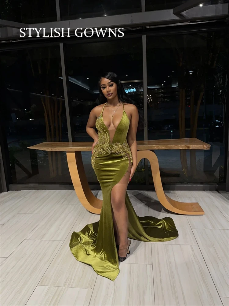 

Green Halter Evening Dresses For Black Girls Appliques Birthday Party Gowns High Slit Long Prom Dresses Mermaid Robe De Bal