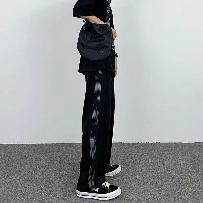 Preppy Style Student Loose Side Striped Printed High Street Wide Leg Sports Pants Men Elastic Waist Pockets Straight Trousers