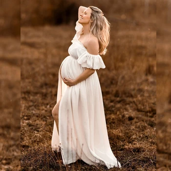 Abiti premaman per docce per bambini abito in cotone di lino con maniche in pizzo di cotone ricamato per donne incinte