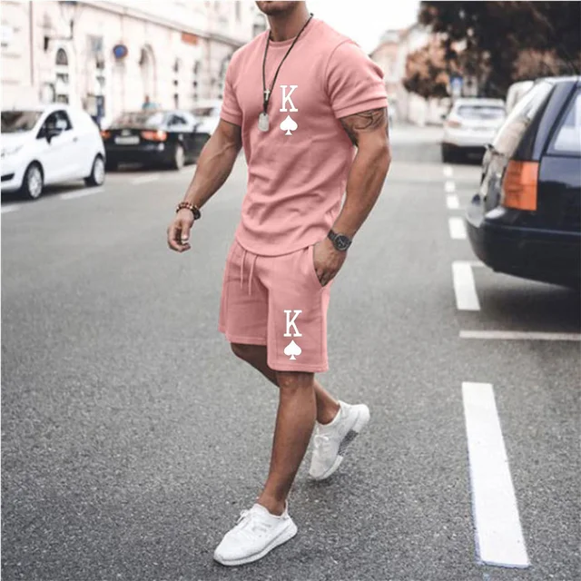 Summer New Men's T-Shirt + Shorts 2-Piece Set Of Crown King 3D Printing Oversized Casual Street Harajuku Hip-Hop Retro Round Nec TS1140