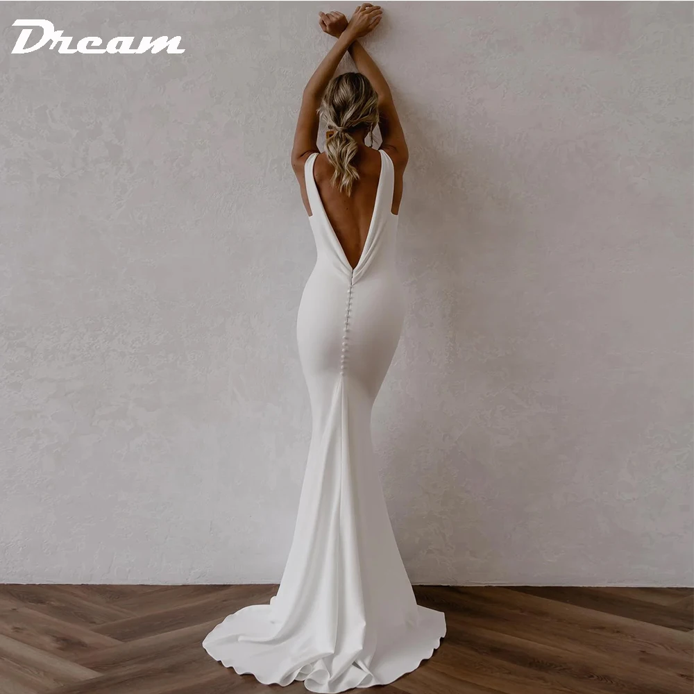 Traum tiefen V-Ausschnitt Crêpe abnehmbaren Zug Meerjungfrau Brautkleid schlichte ärmellose offene Rücken einfache Brautkleider elegant