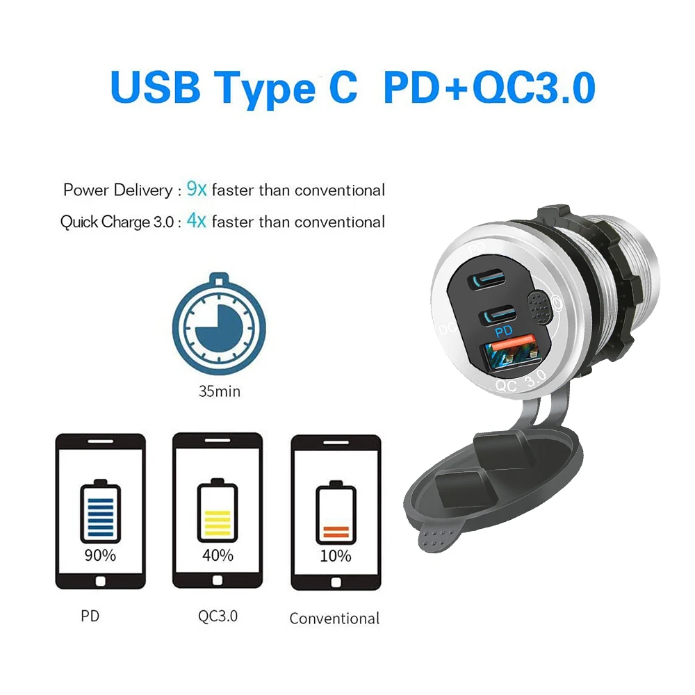 차량용 충전기 소켓 PD3.0 및 QC3.0 USB Type-c 포트 LED 터치 스위치로 방수 115W 고속 충전 자동차 모토 어댑터 12V/24V