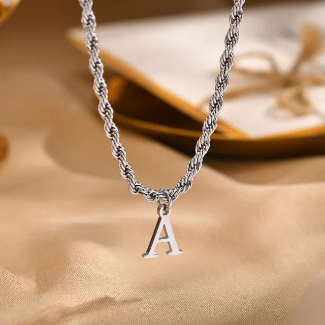 Initial Necklaces for Men Women, Stainless Steel A-Z 26 Letters Alphabet Charm Pendant with 60CM/23.6" Twisted Rope Chain Gift 2