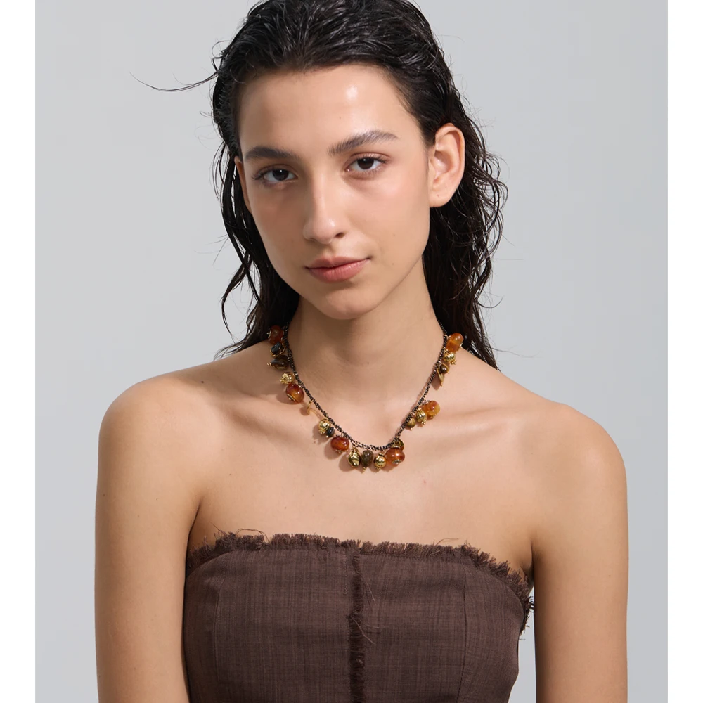 Yhpup Chain Beads Necklace Handmade Jewelry Amber Resin Waterproof