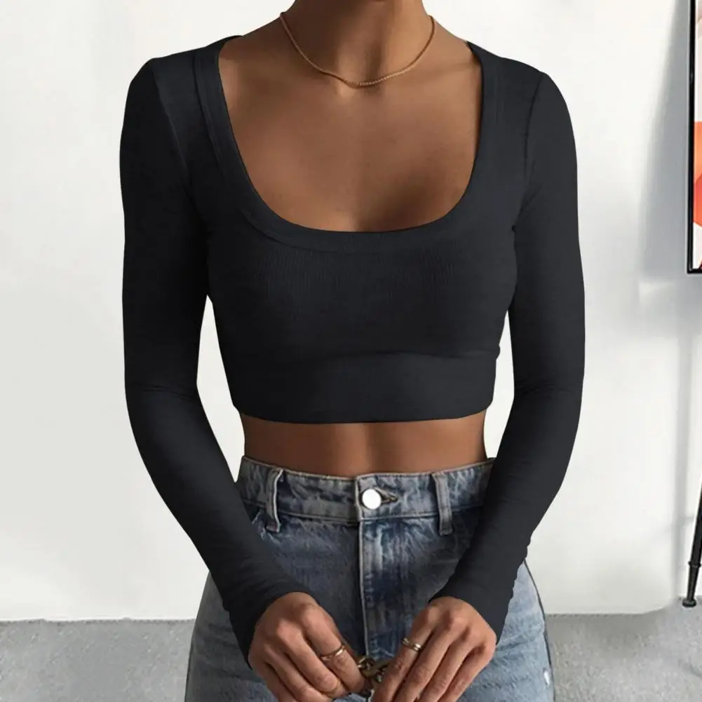 

Ladies Fashion Tops Autumn Clothing Ladies' U-neck Long Sleeve Slim T-shirt Soft Elastic Cotton Blend Tops for Women for Women