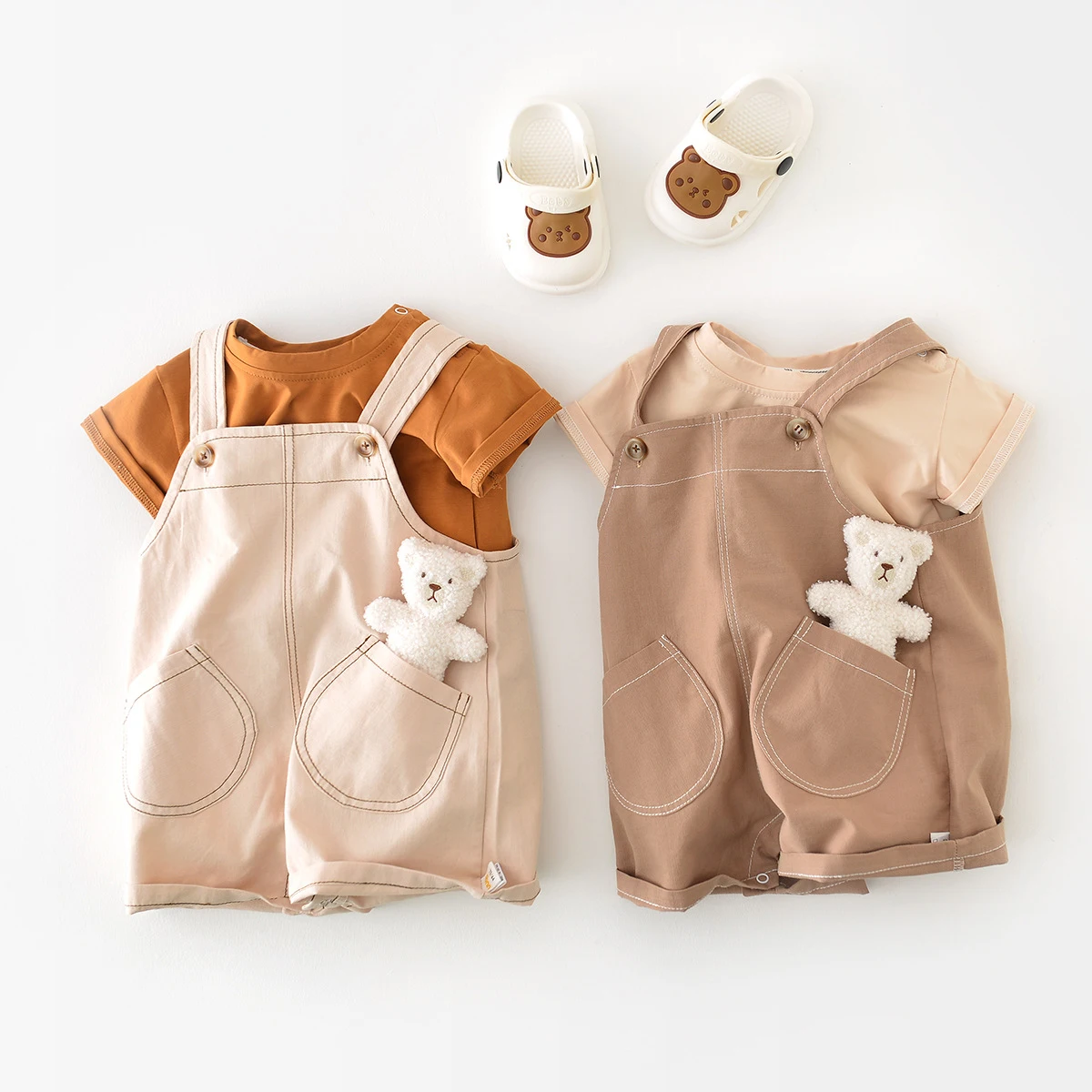 

2023 Summer Baby Boy Overalls Solid Color Infant Sleeveless Jumpsuit Girls One Pieces Shorts Korean Toddler Boy Suspender Romper
