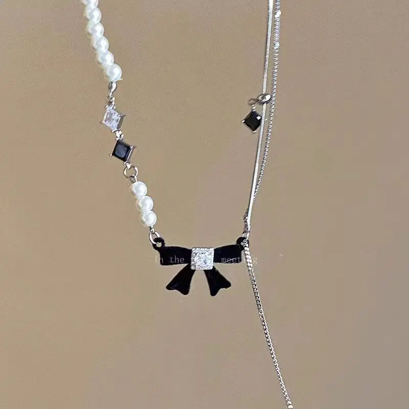 Bow Pearl Chain, Patchwork Necklace For Women, Zircon Necklace, Clavicle Chain Femme Jewelry Girlfriend Gift Cute