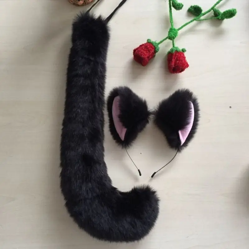 Adult Kids Anime Solid Color Plush for CAT Wolf Cosplay Props Animal Ears Bandana Long Tail Halloween Costume