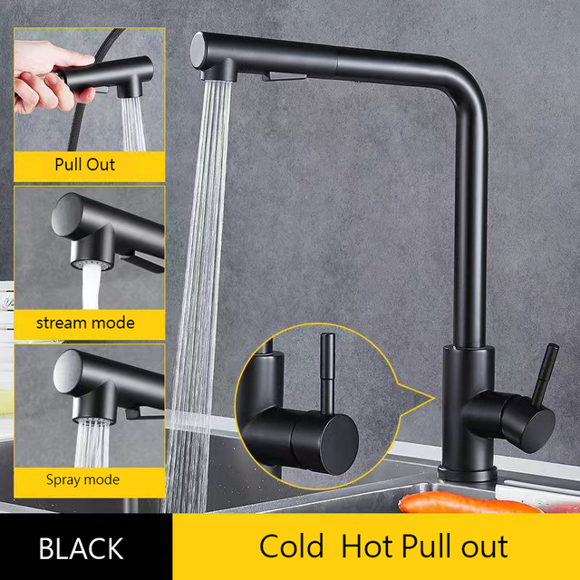 Black Kitchen Faucet Cold and Hot Kitchen Mixer Pull Out Two Function Deck Mounted Tap With Free Hose