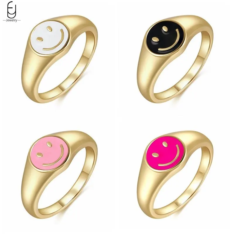 

1PCS 925 Sterling Silver Gold Smile Enamel Thick Ring for Women Men Luxury Fine Jewel Smiley Face Ring Anniversary Anillos Gift