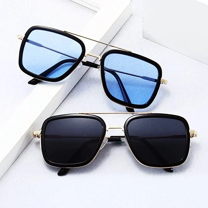 Vintage Sunglasses Square Men Edith Sunglasses Vintage Silver Metal Frame Blue Lens Glasses Fashion Women Steampunk Eyewear