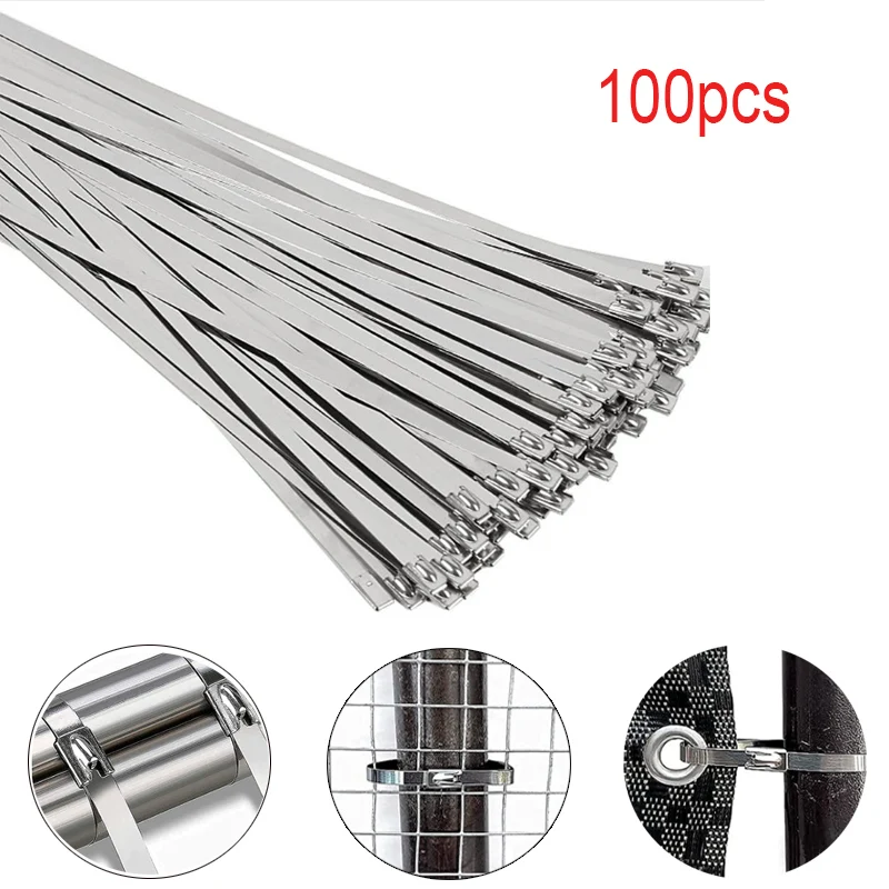 100PcsStainlessSteelMetalCableTiesZipExhaustWrapCoated