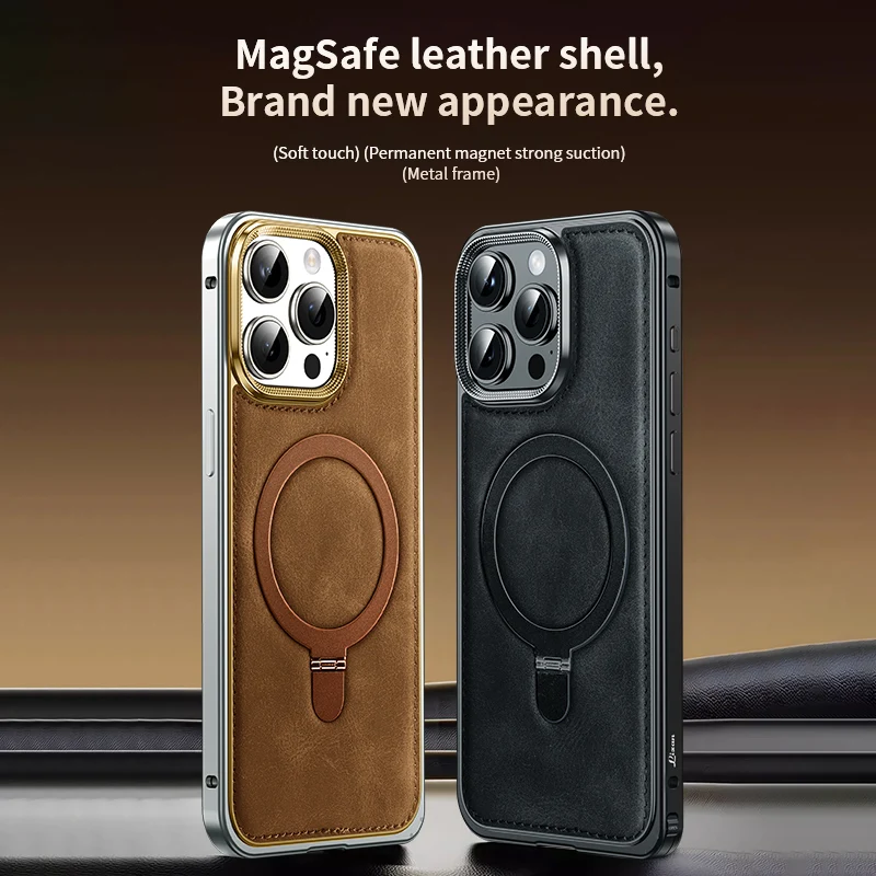 Leather Phone Case Metal Frame Shell Magnetic Stand Phone Cover For Iphone 14 15 16 Pro Max iphone case phone case magnetic case magsafe case phone protector cover leather phone case