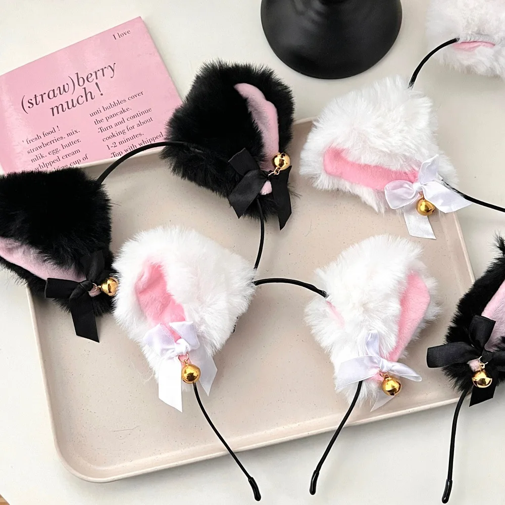 Kawaii Cat Ears Headband for Women Girls Lace Bow Necklace Plush Bell Hairband Cosplay Masquerade-Party Costume Hair Accessories