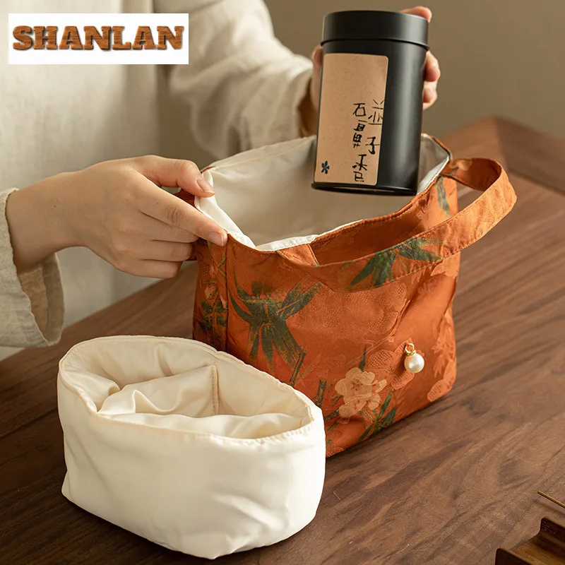 Handmade Fragrant Cloud Gauze Tea Bag Aesthetic Bamboo Flower Handbag Retro Tea Cozy For Teapot Travel Set Bag Crafts