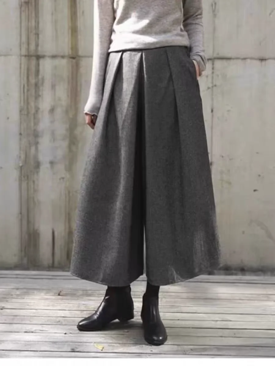 Autumn Winter ey Woolen Skirt Pants Women's Casual Commute Loose High Waist Wide Leg Woolen Pants Slimming Versatile