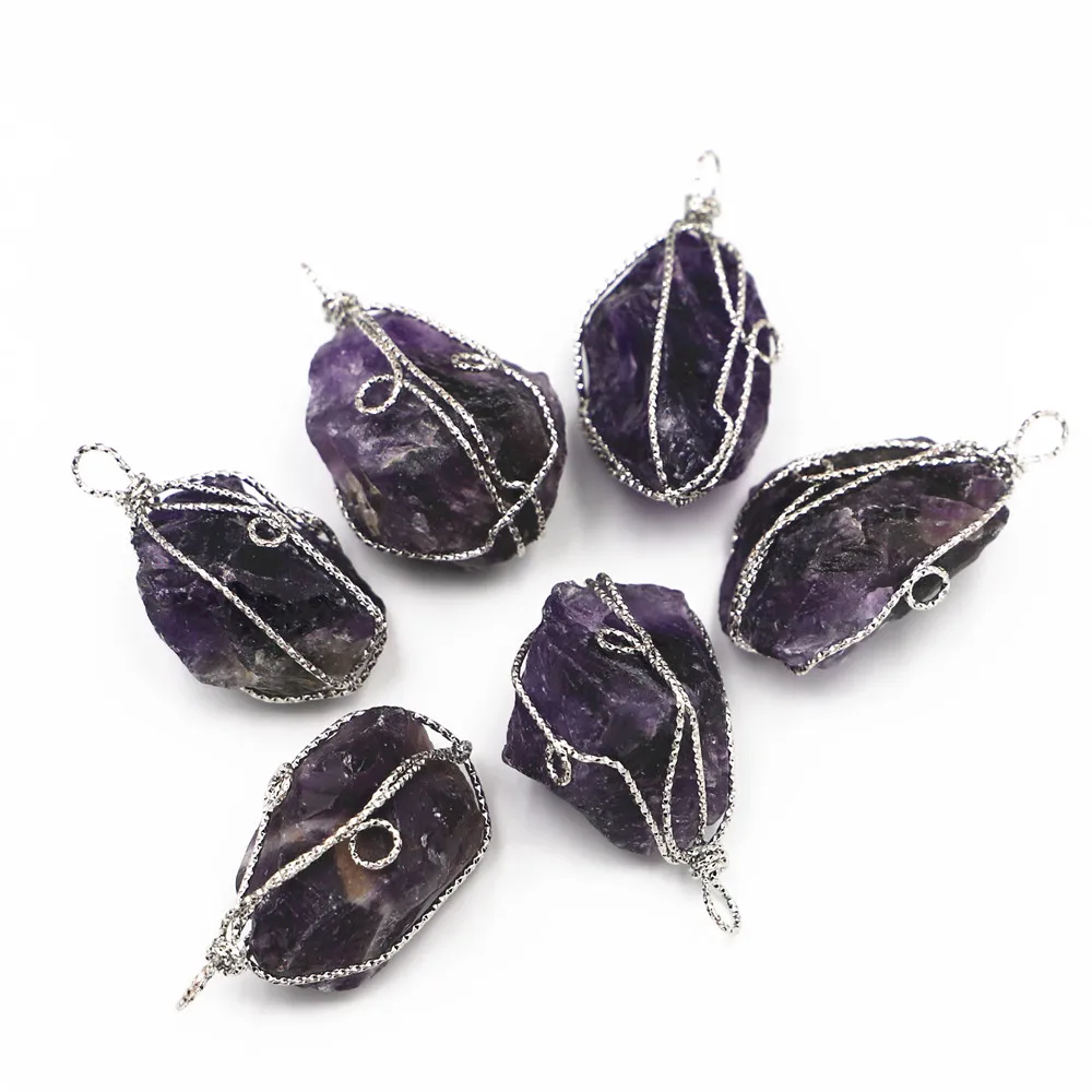 New Natural Stone Raw Ore Wire Wrapped Irregular Amethysts Pendants Chakras Reiki  for Women Jewelry Making 6Pcs/Lots Wholesale
