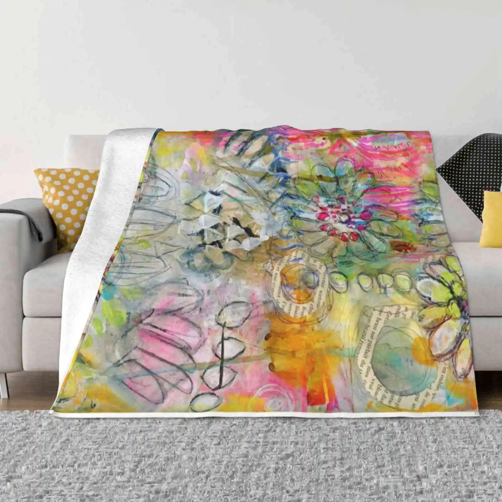 

In The Garden Four Seasons Comfortable Warm Soft Throw Blanket Robenmarie Flowers Collage Bright Bold Doodles