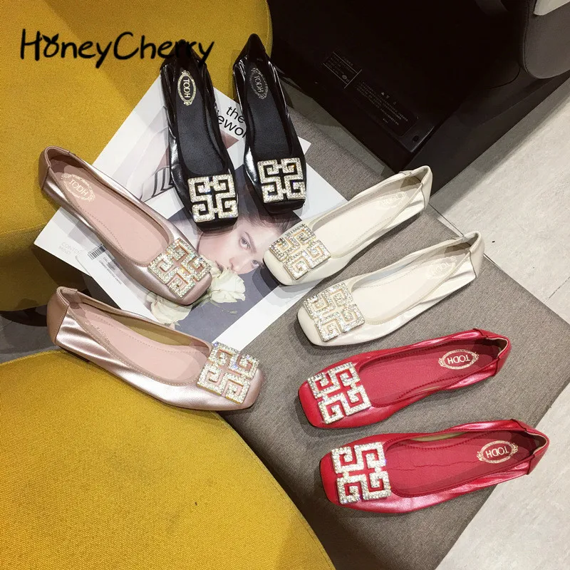 Rhinestone Single Shoes Women Flat Autumn Square Head Shallow Shoes Women Size 4.5-9.5 Flat Loafers Ladies Shoes