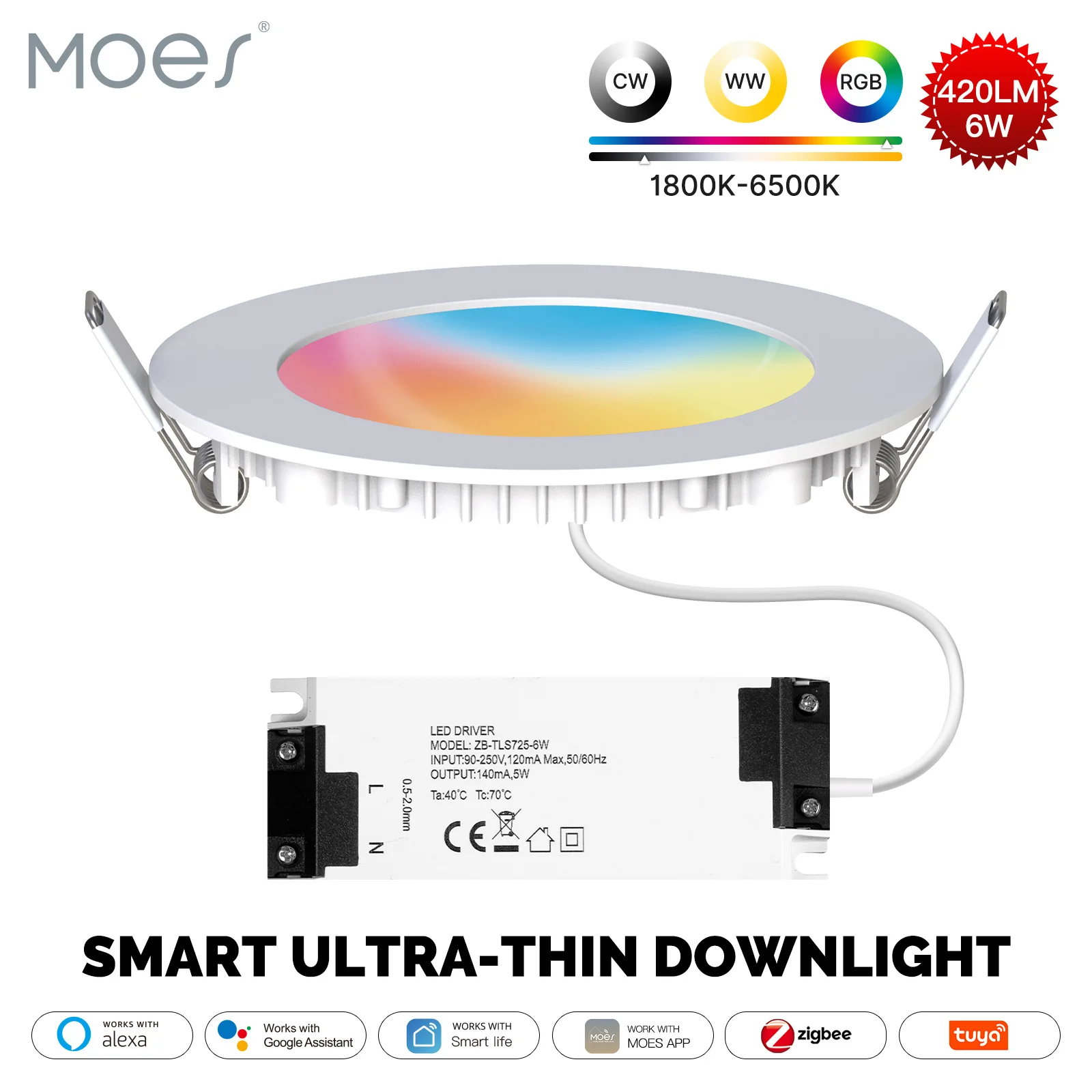 MOES ZigBee 다운라이트 투야 얇은 디밍 스폿 램프, RGB 변화, 따뜻한 쿨 라이트, 알렉사 구글 홈, 스마트 라이프..