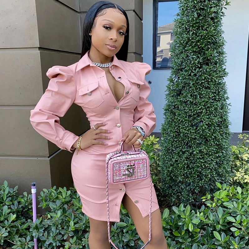 Pink Faux Leather Shirt Dress Women 