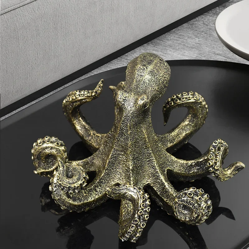 

Resin Handicraft Artificial Animal Sculpture Gold Octopus Squid Ocean Marine Organism Decorative Figurines Home Decoration