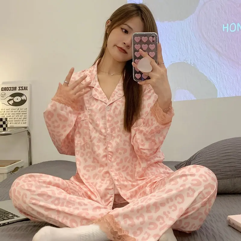 Women Pajamas Sets Polka Dot Print Pijama Faux Silk Satin Lapel Pyjama Female Sleepwear Long Sleeve Shirt Pants Suits Homewear