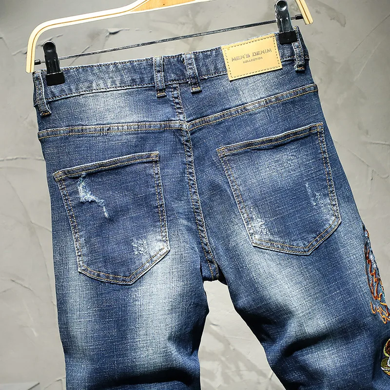 Chinese Style Embroidery Jeans Men's High Street Design Sense Embroidered Slim Fit Pu Shuai Scratch Retro Street Long Skinny Pan