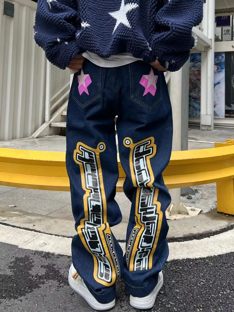 

New Men's Alphabet Star Print Jeans American Hip Hop High Waist Loose Layered Straight Zipper Fashion Trousers Hot Trendy Brand