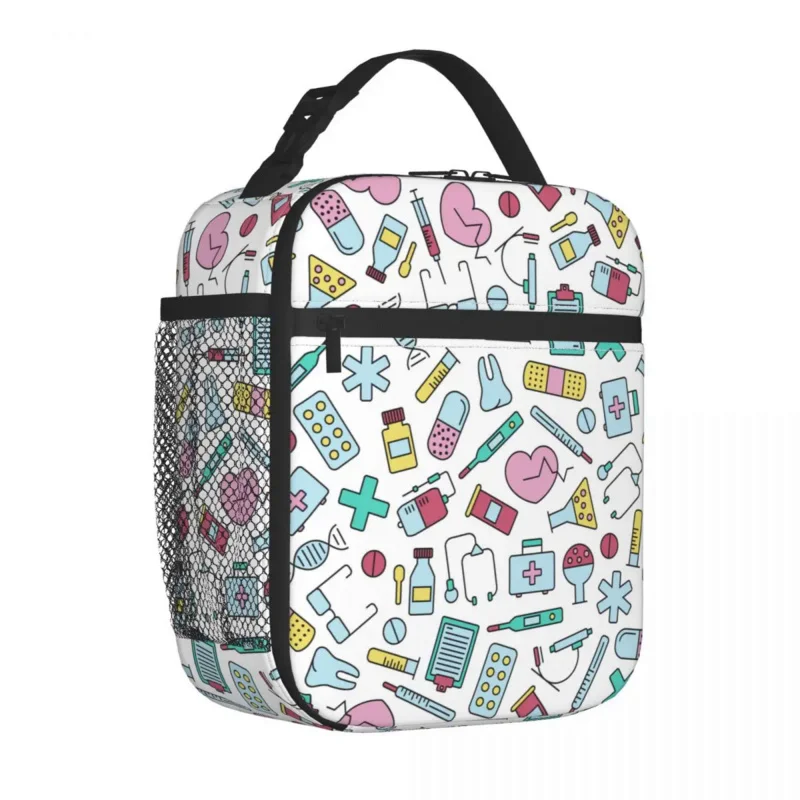 

Pink Pattern With Nurse Medical Elements Insulated Lunch Bag Meal Container Thermal Bag Tote Lunch Box Work Picnic Bento Pouch