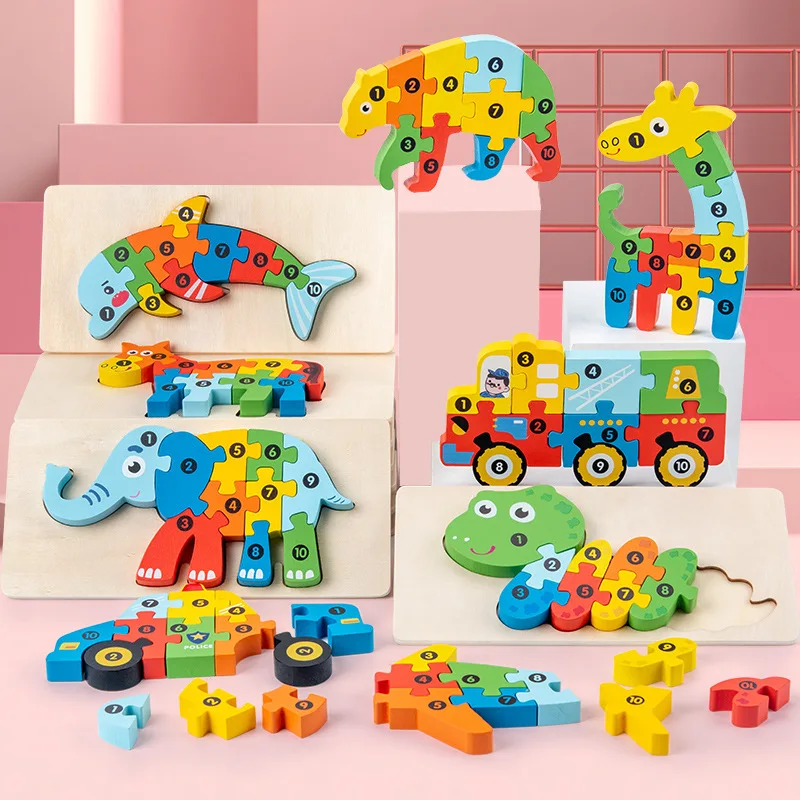 

High Quality 3D Wooden Puzzles Educational Cartoon Animals Early Learning Cognition Intelligence Puzzle Game For Children Toys