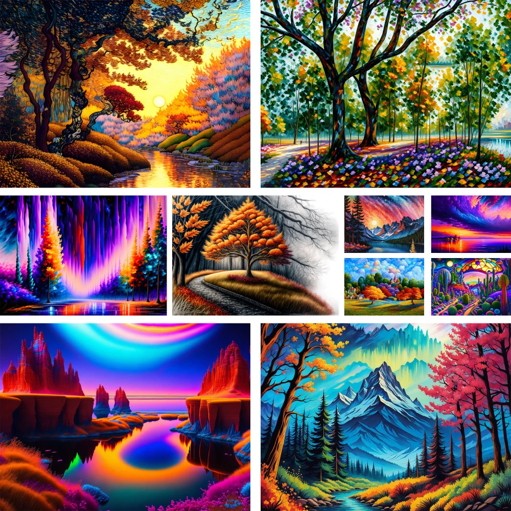 Wonderland Landscape Nature Printed Fabric Cross Stitch DIY Embroidery Set Hobby Sewing Craft Knitting Different Floss Jewelry