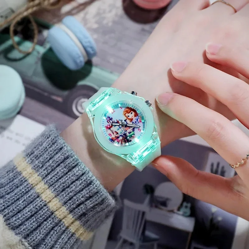 MINISO Disney Children Watch Frozen Princess Pattern Led Glowing Flash Fashion Kids Quartz Wristwatch Christmas Gifts 6