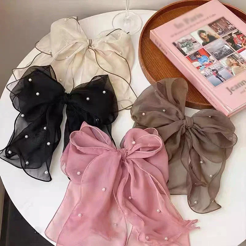Fermagli per capelli con fiocco in chiffon con graziosi nastro e perle per donne alla moda - Elegante fermaglio per coda di cavallo e accessorio per molletta - immagine 2