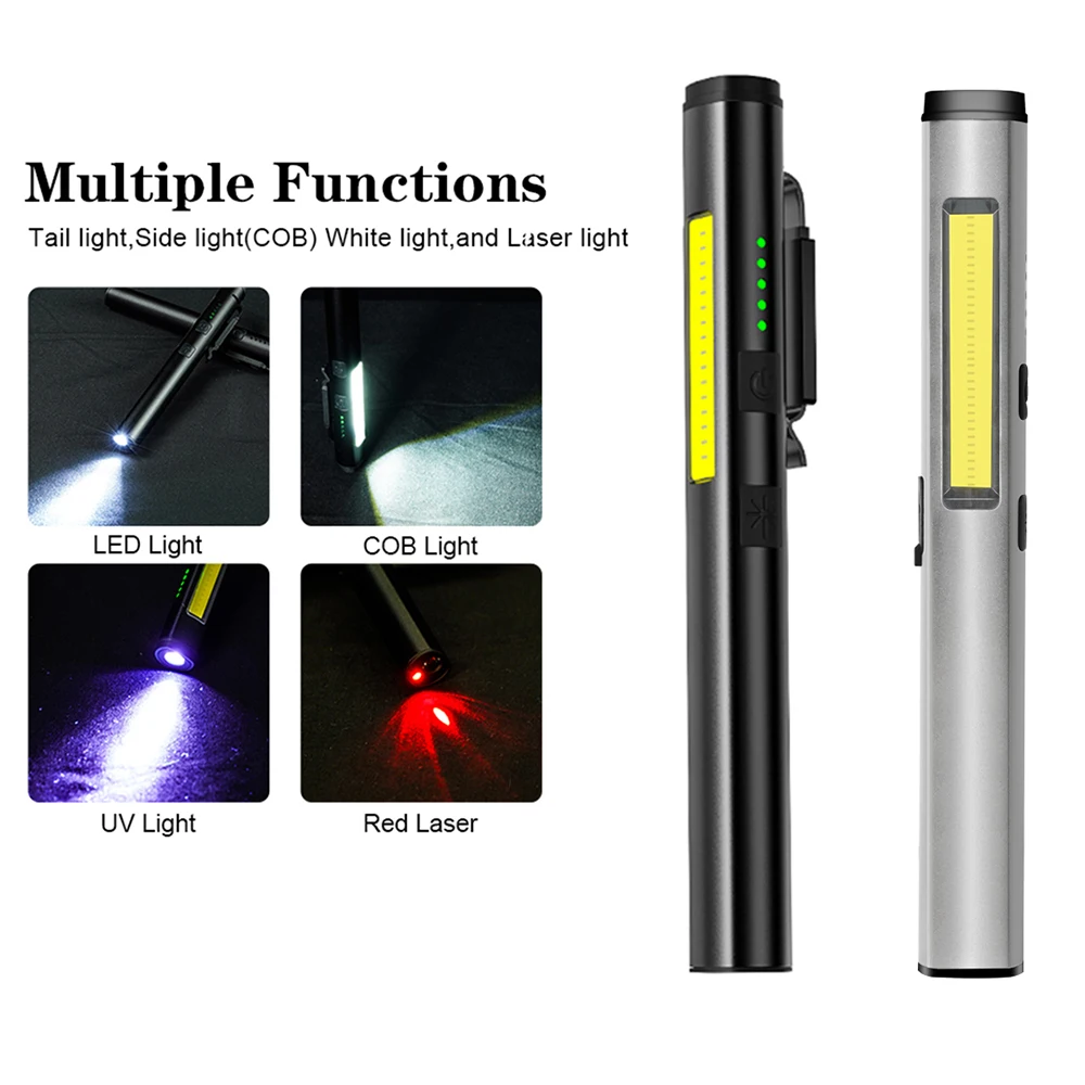 RechargeableUVFlashlight4In1UVLEDCOBMultifunctionalPenLightWithIndicatorHandheld
